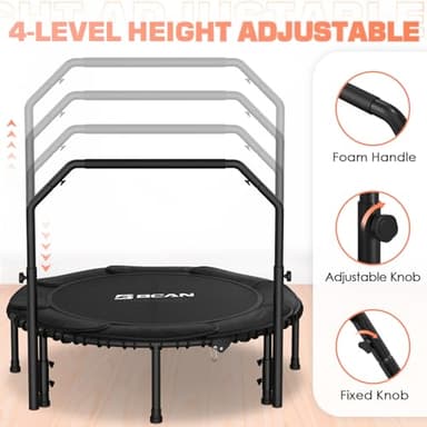 BCAN Adult Mini Trampoline, 48" Fitness Trampoline with Bungees, U Shape Adjustable Foam Handle, Stable & Quiet, Indoor Outdoor Workout-Black - Image 3