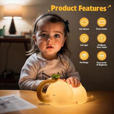 MAGOHMT Silicone Elephant Night Light for Kids - 3-Level Dimmable & Rechargeable LED Lamp, Touch Control Soft Animal Light for Nursery, Baby Room Decor - Image 4