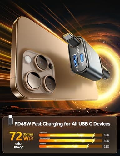 72W Car Charger USB C - PD45W USB C Retractable Cable Fast Charging for iPhone 16 17 Pro [Ultra-Compact, 75% Less Space] Car Phone Charger Adapter for iPhone 17 16 15 Pro, Samsung S25/S24, Pixel, Grey - Image 3
