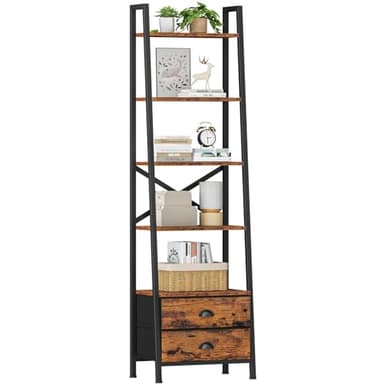 Furologee 5-Tier Ladder Shelf with 2 Drawers,Narrow Bookshelf Storage Shelves,Industrial Bookcase Freestanding Rack Units for Bedroom,Living Room,Bathroom,Home Office,Balcony,Wood Metal,Rustic Brown - Image 1