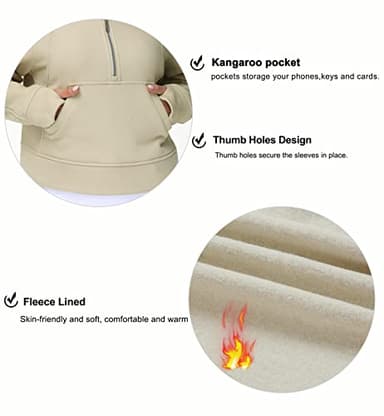 THE GYM PEOPLE Women's Half Zip Pullover Sweatshirt Fleece Stand Collar Crop Sweatshirt with Pockets Thumb Hole Khaki - Image 5