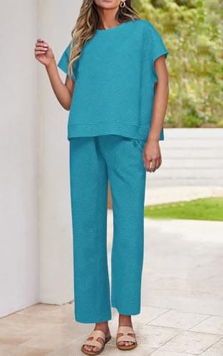 PRETTYGARDEN 2 Piece Outfits For Women Casual Tracksuit Short Sleeve Tops And Wide Leg Long Pants Matching Lounge Sets(Peacock Blue,Large) - Image 3