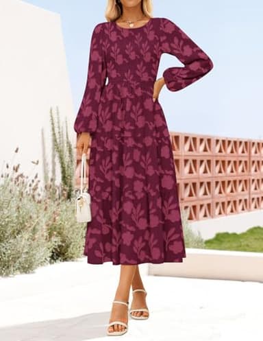 ZESICA Women's Fall Boho Floral Midi Dress 2025 Casual Long Sleeve Crewneck Flowy Wedding Guest Long Dresses,Wine,Medium - Image 3