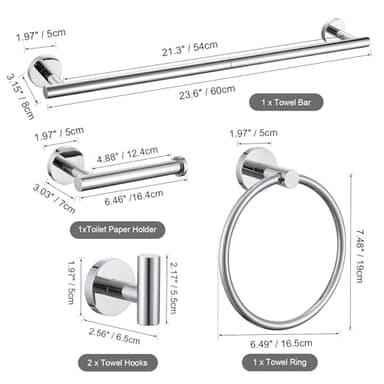 TURS Chrome 5 Piece Bathroom Hardware Set, SUS304 Stainless Steel 24 Inch Bath Towel Bar Set, Round Bathroom Accessories Kit Wall Mounted - Image 7