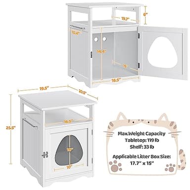 Yaheetech Cat Litter Box Enclosure, Hidden Litter Box Furniture with Open Shelf, Indoor Cat Washroom, Storage Cabinet Pet Crate, Side End Table, Wooden Pet House White - Image 7