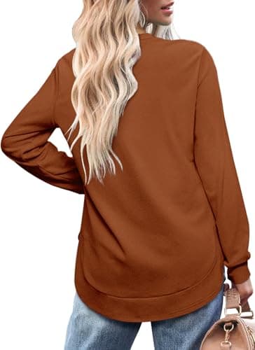 OFEEFAN Womens Sweatshirt Loose Fit Tops for Women Casual Fall Side Spilt Womens Fall Fashion 2025 boho tops for women Caramel S - Image 4