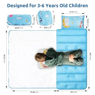 Safotad Toddler Nap Mat with Pillow and Blanket, Soft Sleeping Bag for Kids Boys and Girls, Slumber Bags Kids for Preschool, Daycare, Travel, Camping, 54" x 33" Great for Ages 3-6（Light Blue - Image 6