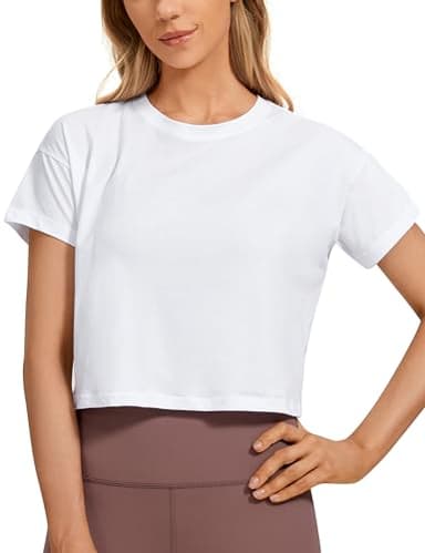 CRZ YOGA Women's Pima Cotton Workout Short Sleeve Shirts Loose Athletic Crop Tops Gym Casual Cropped T-Shirt White Medium - Image 1
