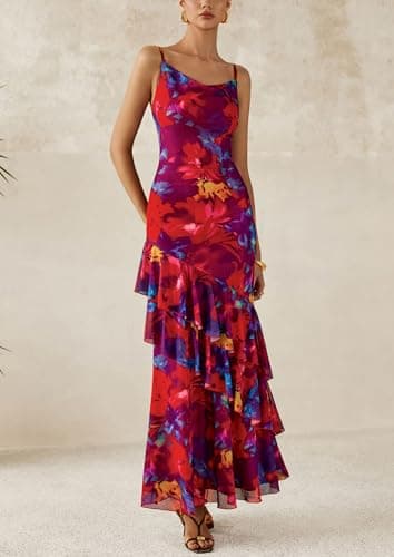 PRETTYGARDEN Maxi Dresses for Women 2025 Summer Tiered Floral Beach Sundress Spaghetti Strap Wedding Guest Long Dress (Navy Red Big Floral,Small) - Image 6