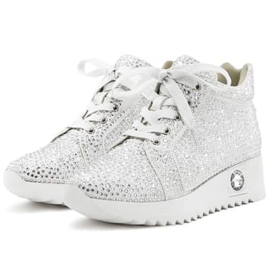 FINDVELL Women's Fashion Glitter Sneakers Platform Wedge Shoes Sparkly Rhinestone High Top Sneakers Trendy Sequin Shoes Wedding Bride Dress Size 11 White - Image 3