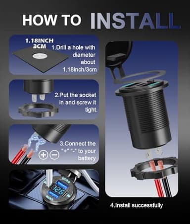 78W Quad-Port 12V USB Outlet - Dual QC3.0 & PD3.0 Quick Charge Car Charger Socket with Voltmeter, Aluminum Alloy Waterproof USB C Port for Car Boat Marine Motorcycle RV Truck ATV Golf Cart - Image 7