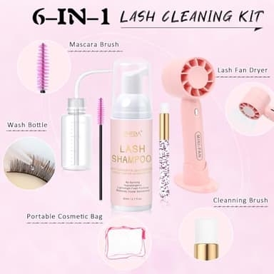 EMEDA Lash Shampoo Kit 2.02 fl oz Lash Cleaning Kit with Rechargeable Fan Dryer/Brush/Rinse Bottle, Oil-free Cleanser Wash for Extensions & Clusters & Natural Eyelashes, Cleaner for Eyelash Care - Image 2