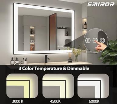 SMIROR 40 x 32 Black LED Bathroom Mirror for Wall, lluminatted Vanity Mirrors with Lights, Anti-Fog, 3 Colors, Dimmable, Memory, Shatterproof, ETL Listed (Front Lit and Backlit) - Image 3