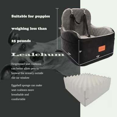 Lealchum Dog Booster Car Seat for Small/Medium Dogs,6in Memory Foam Elevated Cushion,Fully Detachable and Washable,2 Clip-On Safety Leashes,Anti-Slip Base(Black/Grey,Medium) - Image 2