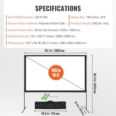 VEVOR Projector Screen with Stand, 100 inch 16:9 4K 1080 HD Outdoor Movie Screen with Stand, Wrinkle-Free Projection Screen with Bar Feet and Carry Bag, for Home Theater Cinema Backyard Movie Night - Image 7