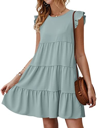 KIRUNDO Women's Summer Mini Dress Sleeveless Ruffle Sleeve Round Neck Solid Color Loose Fit Short Flowy Pleated Dress, Grey Green, Large - Image 1
