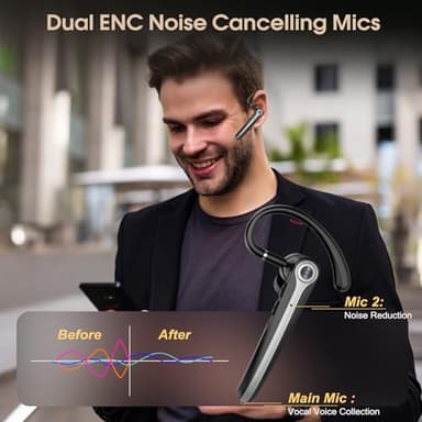 Bluetooth Headset, Wireless Bluetooth Earpiece with ENC Noise Canceling Mic, 120Hrs Talk Single-Ear Headphones, LED Display, IP7 Waterproof Hand-Free Earphone for Business/Trucker/Driver, Black - Image 2