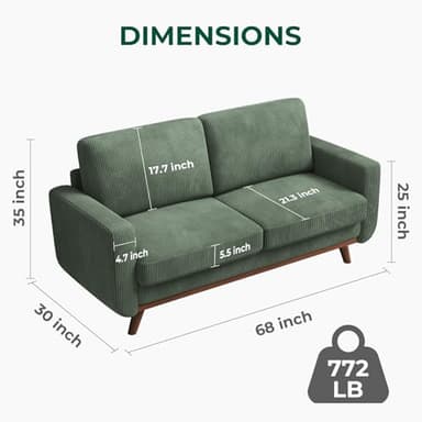 Vesgantti 68" Loveseat Sofa - Green, Comfy Corduroy with Spring Cushion, Solid Wood Frame, Modern Deep Seat, Bedroom & Living Room, Office Couch - Image 2