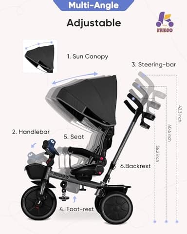 KRIDDO 7-in-1 Tricycle Stroller for Toddlers 18 Months to 5 Years, Adjustable Push Handle, Rotatable Seat, Cup Holder and Retractable Canopy, Folding Baby Trike w/Detachable Guardrail, Footrest, GY - Image 6