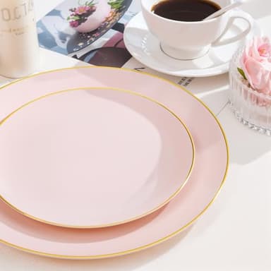 Nervure 100Pieces Pink and Gold Plastic Plates - 7.5inch Disposable Pink Salad/Dessert Plates - Heavy Duty Plastic Plate Ideal for Wedding & Party - Image 2