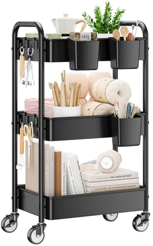 YASONIC 3 Tier Rolling Cart - Metal Utility Cart with Wheels, Hanging Cups, Hooks, Heavy Duty Mesh Rolling Storage Cart Organizer, Craft Cart for Kitchen Office, Lightweight and Sturdy - Image 1