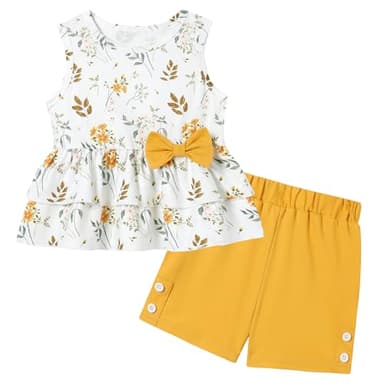 YUEMION Toddler Girl Clothes, 2Pcs Baby Girl Summer Outfits Sleeveless Bow Knot Tank Shirts Tops + Shorts Clothing Sets(Flowers+ Bright yellow, 4-5T) - Image 1