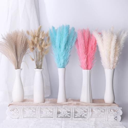Colorful Pampas Grass Decor – White, Pink, and Cyan Dried Arrangements for Weddings, Baby Showers, and Home Decor. 17” Centerpiece (No Vase). - Image 1