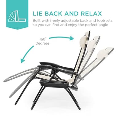 Best Choice Products Set of 2 Adjustable Steel Mesh Zero Gravity Lounge Chair Recliners w/Pillows and Cup Holder Trays - Ivory - Image 3