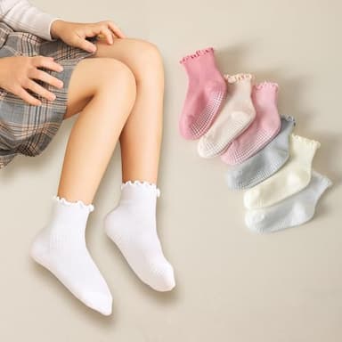 ANYANIME 6 Pairs Toddler Ruffle Socks for Girls - Baby Grip Non Slip Cute Grippy Frilly Socks - Image 7