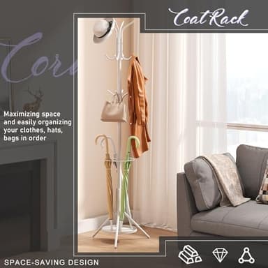 Wieghda Coat Rack Freestanding Entryway Hanger Stand, Umbrella Holder, Hall Tree With 12 Hooks, Floor Standing Metal Tree Stand, White - Image 3