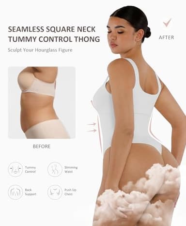 FeelinGirl Body Suits for Womens Tummy Control Bodysuit Square Neck Compression Bodysuit Thong Shapewear Bodysuit White XL/XXL - Image 3