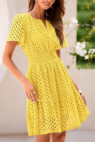 PRETTYGARDEN Womens 2025 Summer Short Dress V Neck Short Sleeve A Line Hollow Out Lace Ruffle Cute Casual Beach Party Dresses (Yellow,Large) - Image 3