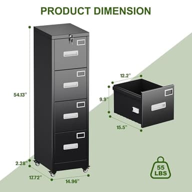 Aobabo File Cabinet 4 Drawer with Wheels, Lockable Office Metal Filing Cabinet with Name Card for Office and Home,Assembly Required,Black - Image 3