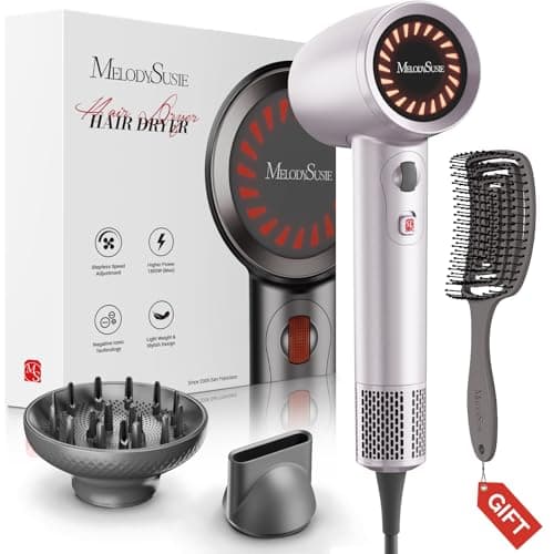 MelodySusie Hair Dryer with Diffuser,1600W Powerful Ionic Blow Dryer with Diffuser,Nozzle and Hair Brush,3 Temps & Stepless Speed,120000 RPM Fast Drying Low Noise Hairdryer,Ideal for Women Curly - Image 1