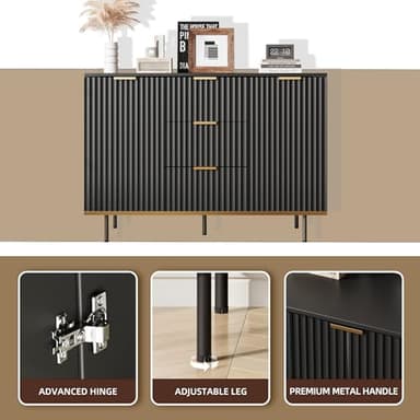 Buffets & Sideboards, Fluted Sideboard Cabinet, 2 Door 3 Drawer Design, Acceent Black Sideboard - Elegant Cabinet Ideal for Dining Room and Kitchen Storage 47.2 inch - Image 5
