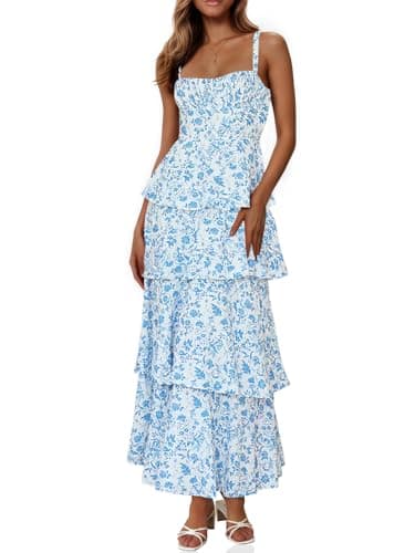 Fisoew Womens Floral Maxi Dresses Spaghetti Strap Casual Sleeveless Ruffle Flowy Tiered Dress Blue - Image 1