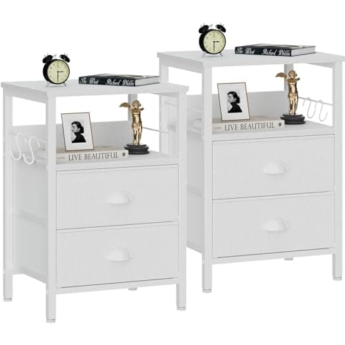Furologee Nightstands Set of 2, End Table with 2 Fabric Drawers, Night Stand with 2 Hooks, Open Wood Shelf Bedside Table for Bedroom/Living Room/White - Image 1