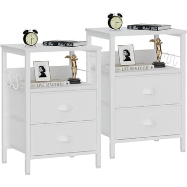 Furologee Nightstands Set of 2, End Table with 2 Fabric Drawers, Night Stand with 2 Hooks, Open Wood Shelf Bedside Table for Bedroom/Living Room/White - Image 1