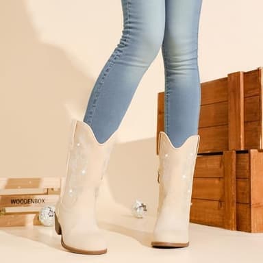 Cowboy Boots for Girls Pointed Toe Kids Cowgirl Boots Mid Calf Western Youth Cowgirl Boots Horse Riding Party for Toddler Little Big Kids - Image 4