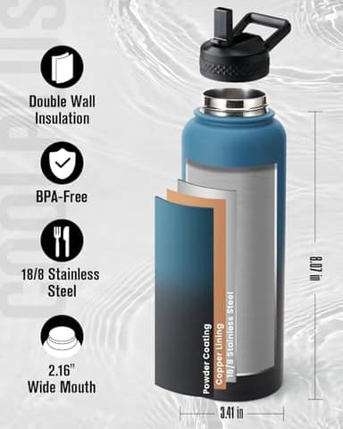 40 oz Water Bottle Insulated, Coolplus Stainless Steel Water Flask With Straw Metal Double-Walled Vacuum With Carry Sleeve Leakproof, Keep Cold 48 Hrs Hot 24hrs, Blue Black - Image 3