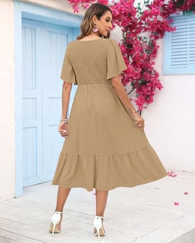 AUSELILY Women's Summer Empire Waist Dress Smocked Flutter Short Sleeve V Neck Midi Dresses 2025 New Camel XL - Image 3