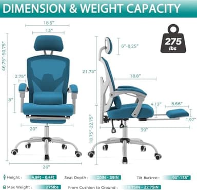 DUMOS Home Office Desk Chair with Footrest, High-Back Mesh Rolling Swivel Reclining Chairs with Wheels, Comfortable Headrest, Lumbar Support, Comfy Arms for Home, Office, Gaming, Student, Elegant Blue - Image 5