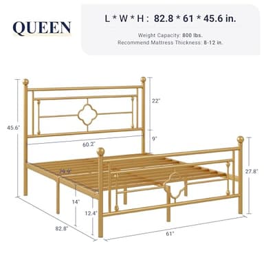 Allewie Queen Size Metal Platform Bed Frame with Victorian Vintage Headboard and Footboard/Mattress Foundation/Under Bed Storage/No Box Spring Needed/Noise-Free/Easy Assembly, Gold - Image 2