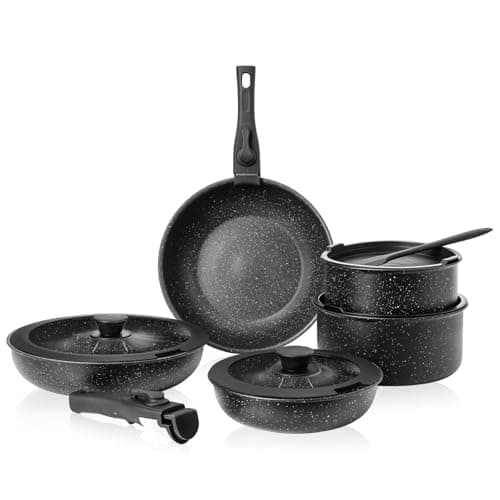 Sweetcrispy 12 pcs Pots and Pans Set, Nonstick Kitchen Induction Cookware Suit with Detachable Handle, Dishwasher Oven Safe, Black - Image 1