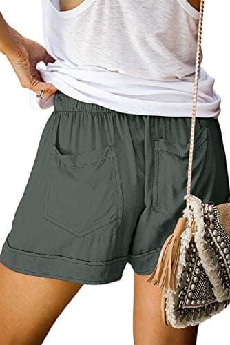 KISSMODA Womens Casual Plain Shorts Elastic Drawstring Pockets Summer Lounge Linen Short Green - Image 2