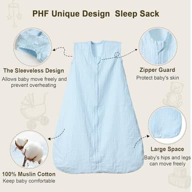 PHF 100% Muslin Cotton Baby Sleep Sacks, 6-12 Months Sleep Sack with 2-Way Zipper, 2 Pack Cooling Unisex 0.5 TOG Breathable Medium Size Sleeveless Baby Wearable Blanket, White & Blue - Image 3