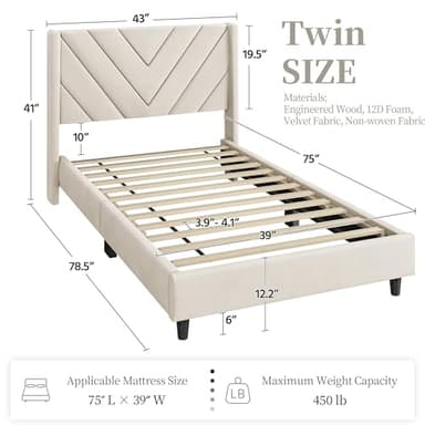 Yaheetech Twin Bed Frame Upholstered Platform Bed with Wing Side/Wooden Slat Support/Tufted Headboard with Wing Side/Mattress Foundation/No Box Spring Needed,Beige Twin Bed - Image 2