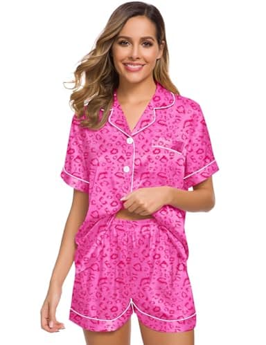 SWOMOG Womens Silk Satin Pajamas Set Two-piece Pj Sets Sleepwear Loungewear Button-Down Pj Sets Hot Pink Leopard Large - Image 3