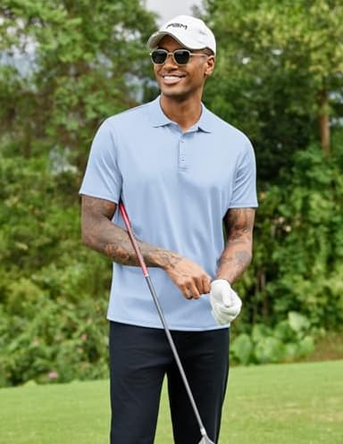 COOFANDY Mens Short Sleeve Polo Shirt Collared 100% Cotton Quick Drying Tactical Shirts Athletic Golf Shirts Light Blue - Image 6