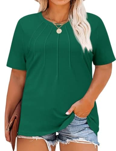 Kistore Women's Fashion Tops Plus Size Summer Round Neck Short Sleeve Shirts Pleated Loose Work Blouses Green 4XL - Image 1